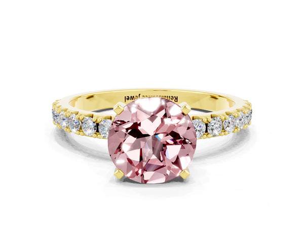 Yellow gold Round Cut Morganite Solitaire Pavé Band with Four-Prong Setting