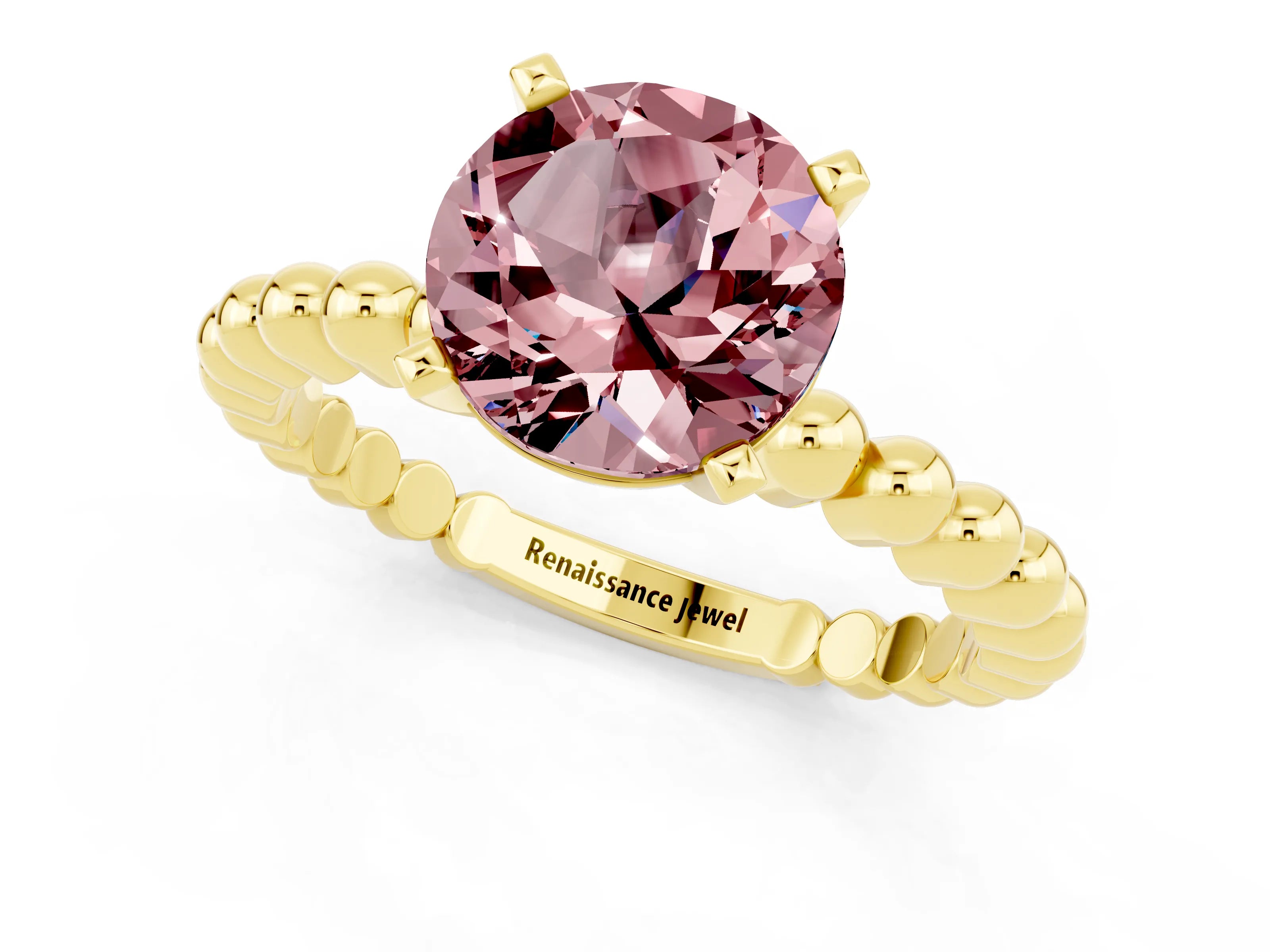 Yellow gold Round Cut Morganite Solitaire Ring with Beaded Band and Prong Setting_1