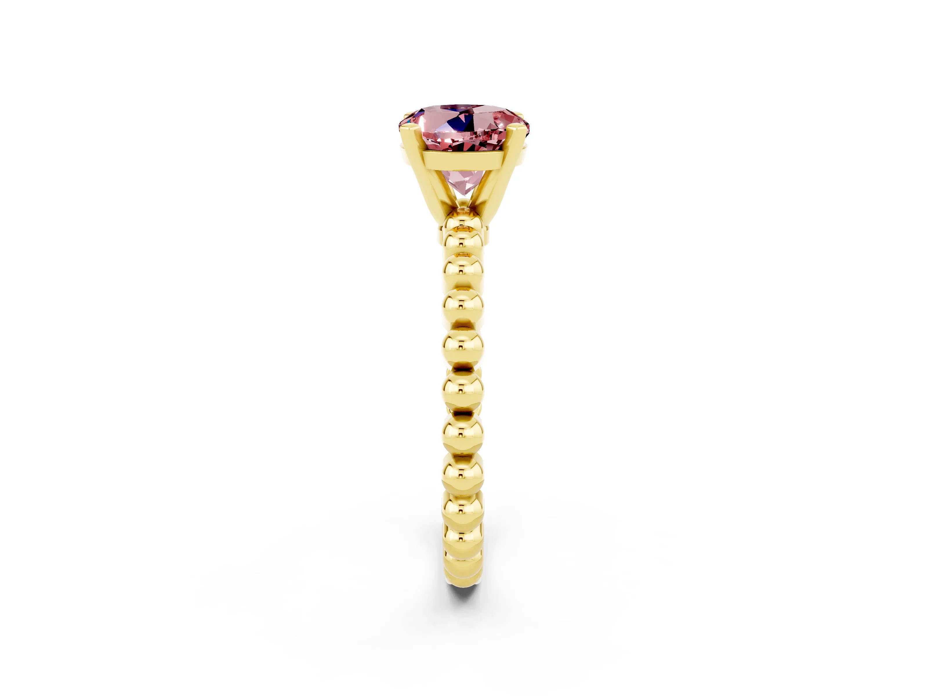 Yellow gold Round Cut Morganite Solitaire Ring with Beaded Band and Prong Setting_2