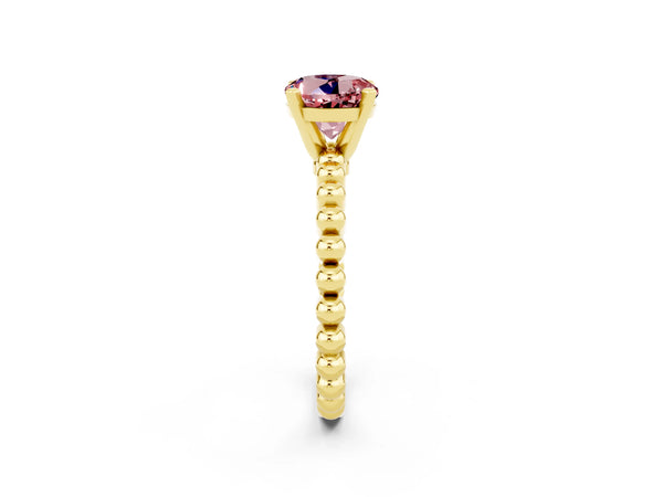 Yellow gold Round Cut Morganite Solitaire Ring with Beaded Band and Prong Setting