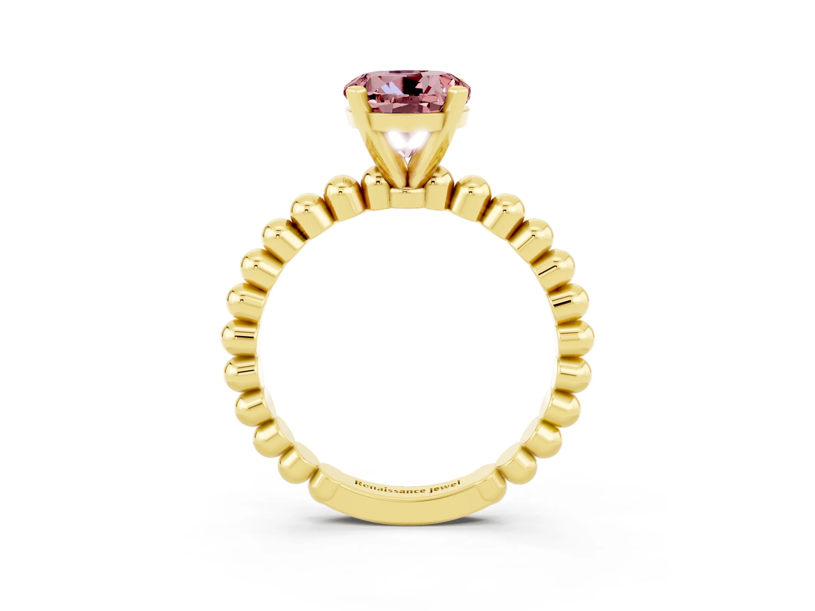 Yellow gold Round Cut Morganite Solitaire Ring with Beaded Band and Prong Setting_3