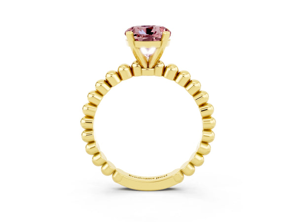 Yellow gold Round Cut Morganite Solitaire Ring with Beaded Band and Prong Setting