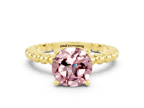 Yellow gold Round Cut Morganite Solitaire Ring with Beaded Band and Prong Setting