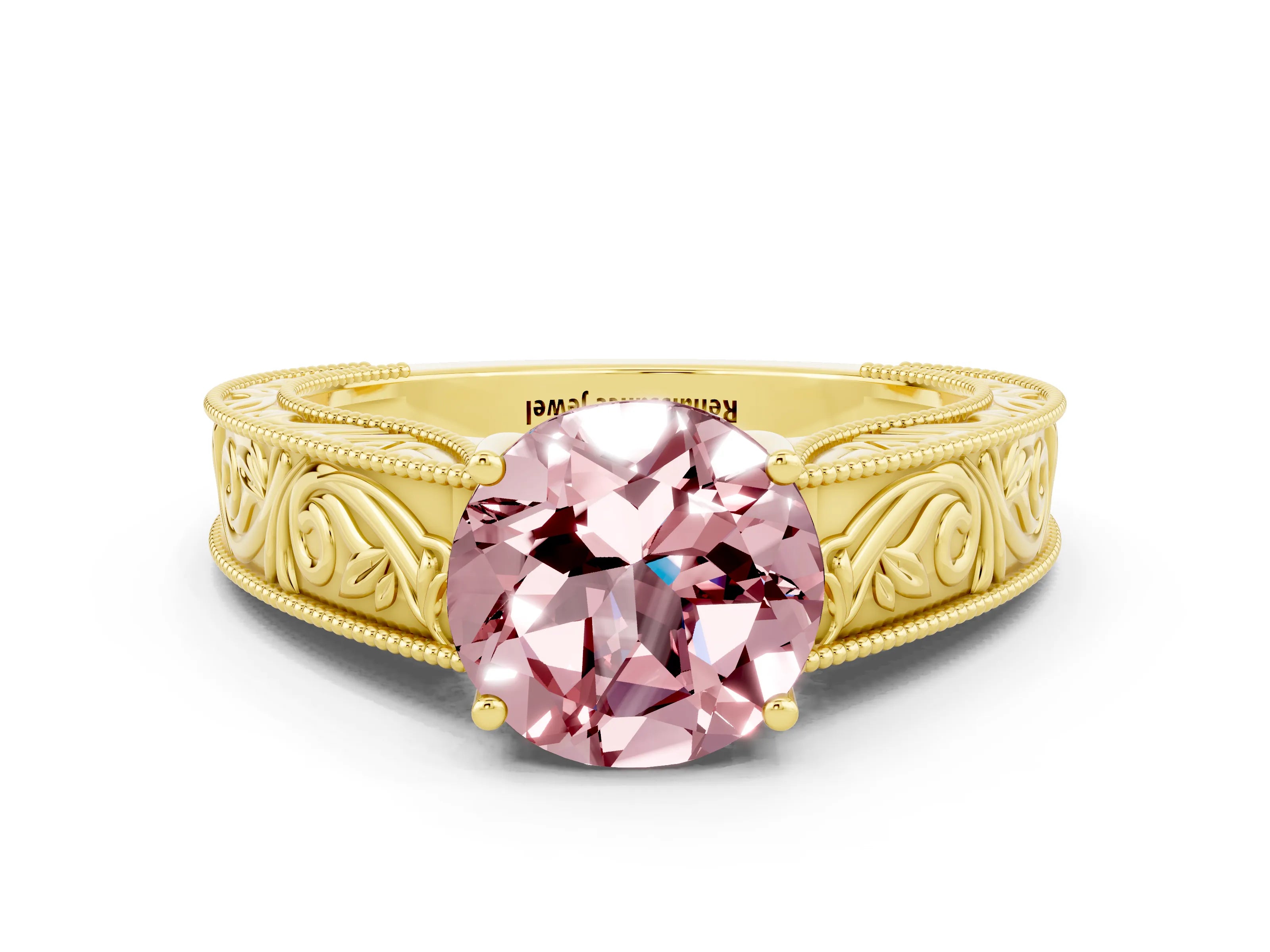 Yellow gold Round Cut Morganite Solitaire Ring with Engraved Band and Four-Prong Setting