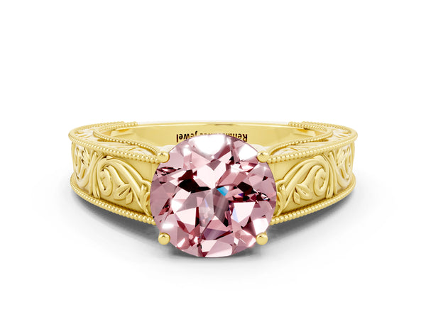 Yellow gold Round Cut Morganite Solitaire Ring with Engraved Band and Four-Prong Setting