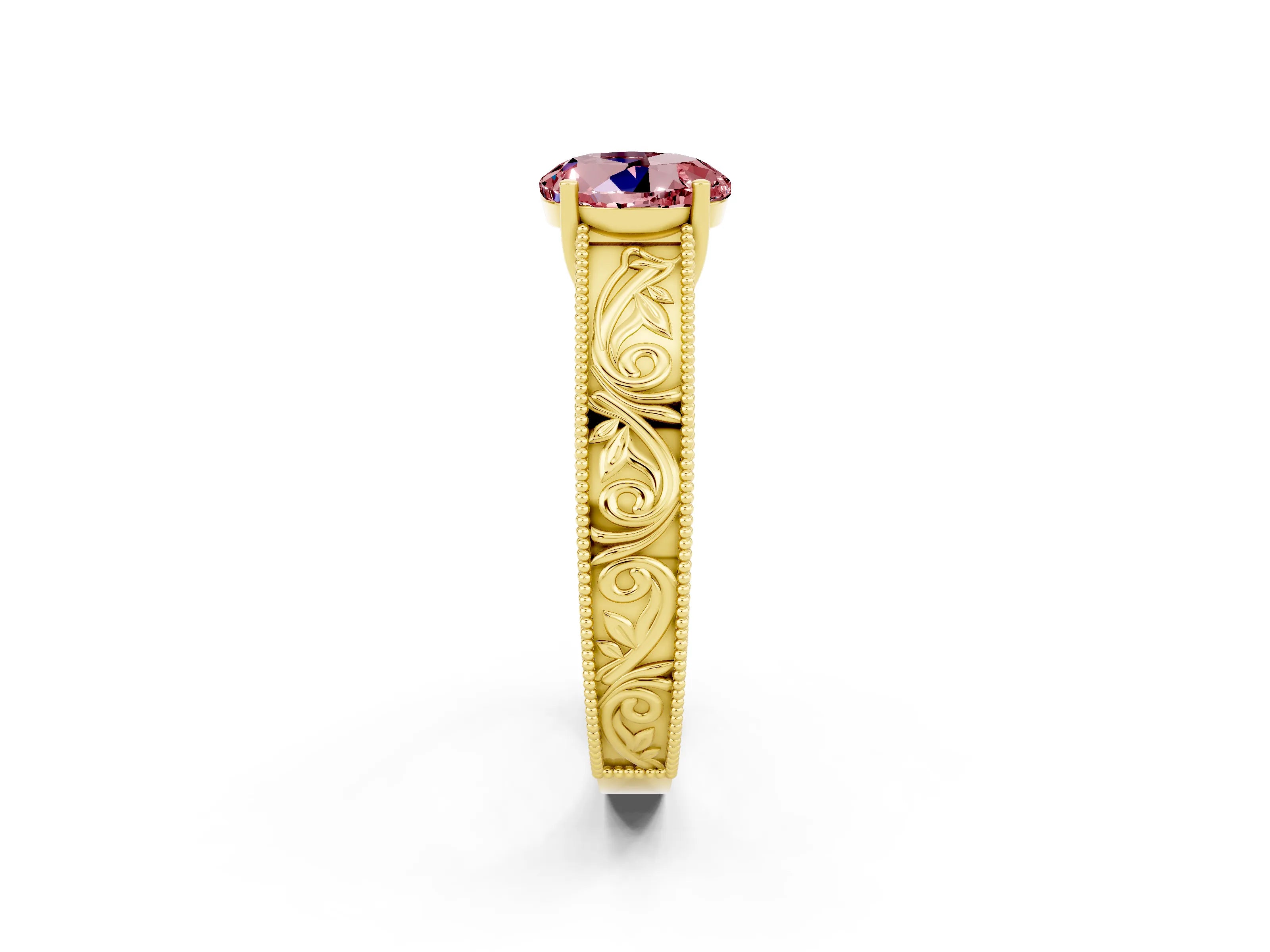 Yellow gold Round Cut Morganite Solitaire Ring with Engraved Band and Four-Prong Setting_2