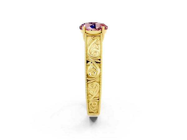 Yellow gold Round Cut Morganite Solitaire Ring with Engraved Band and Four-Prong Setting