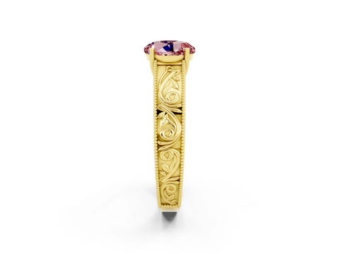 Yellow gold Round Cut Morganite Solitaire Ring with Engraved Band and Four-Prong Setting_2