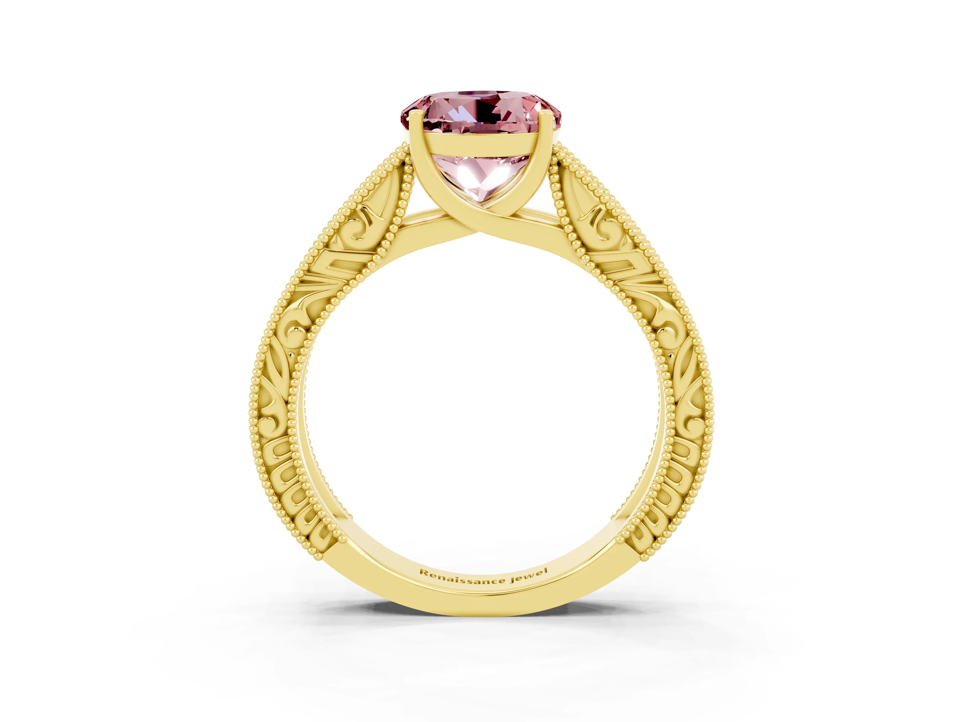 Yellow gold Round Cut Morganite Solitaire Ring with Engraved Band and Four-Prong Setting_3