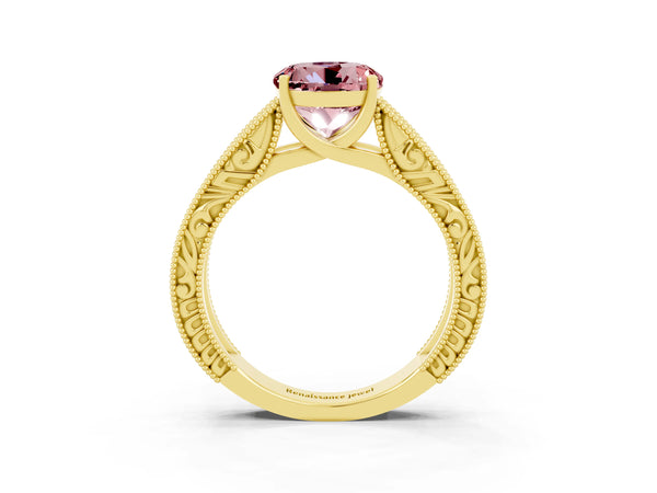 Yellow gold Round Cut Morganite Solitaire Ring with Engraved Band and Four-Prong Setting