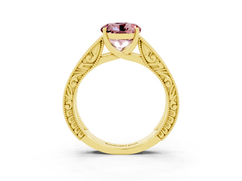 Yellow gold Round Cut Morganite Solitaire Ring with Engraved Band and Four-Prong Setting_3