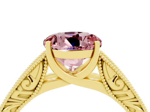 Yellow gold Round Cut Morganite Solitaire Ring with Engraved Band and Four-Prong Setting_4