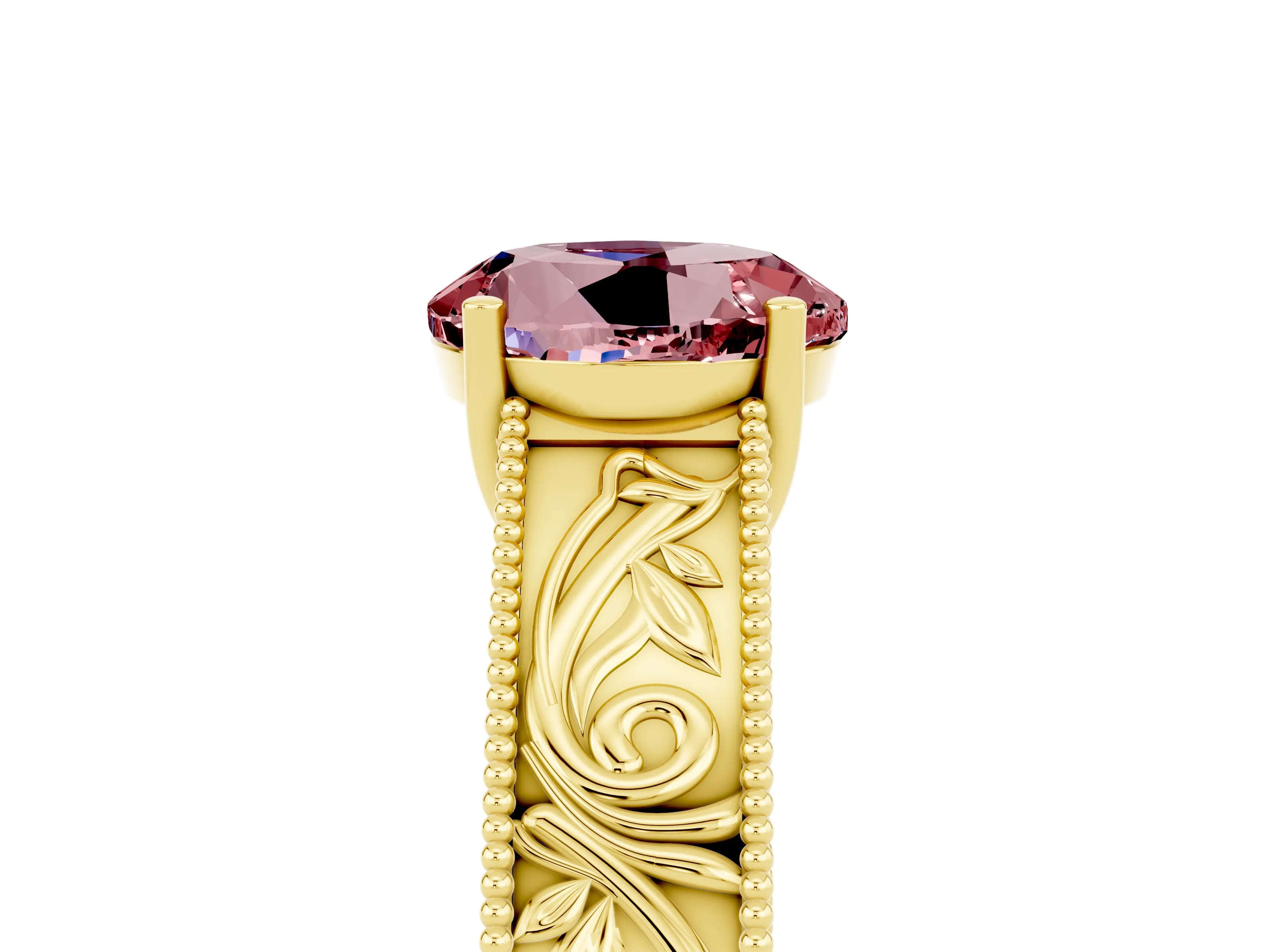 Yellow gold Round Cut Morganite Solitaire Ring with Engraved Band and Four-Prong Setting_5