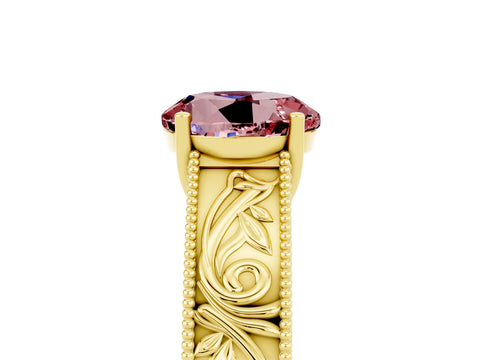 Yellow gold Round Cut Morganite Solitaire Ring with Engraved Band and Four-Prong Setting_5