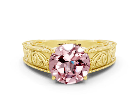 Yellow gold Round Cut Morganite Solitaire Ring with Engraved Band and Four-Prong Setting