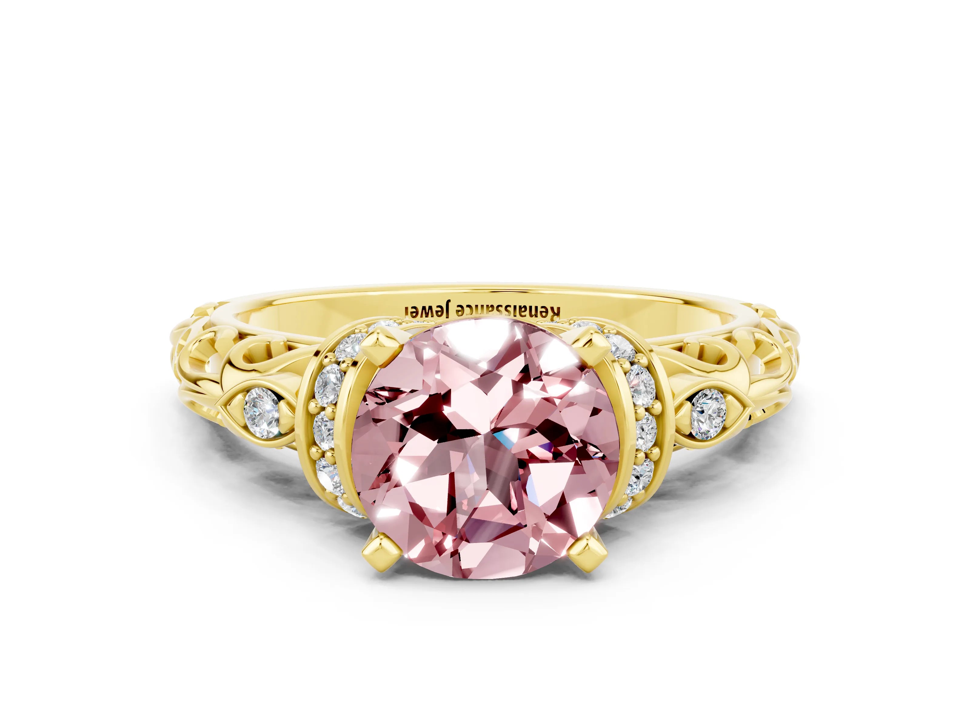 Yellow gold Round Cut Morganite Solitaire Ring with Filigree Band and Four-Prong Setting_24