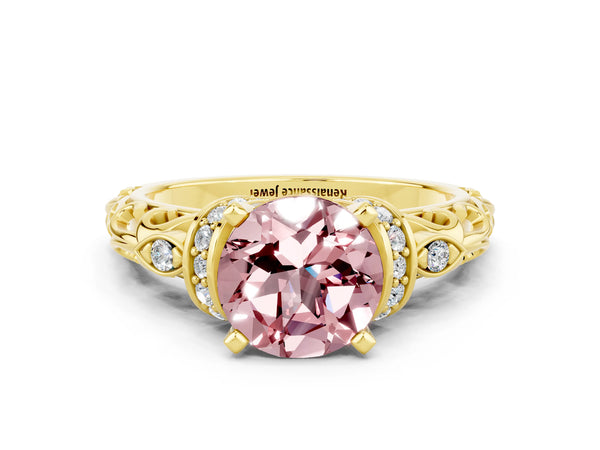 Yellow gold Round Cut Morganite Solitaire Ring with Filigree Band and Four-Prong Setting