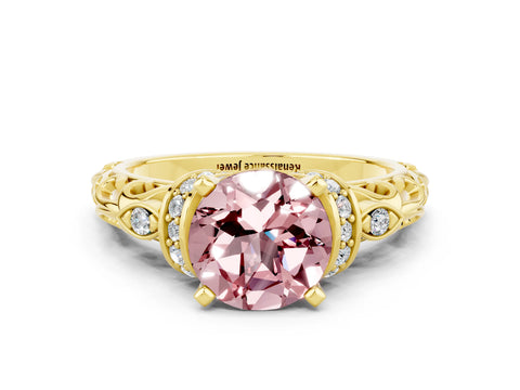 Yellow gold Round Cut Morganite Solitaire Ring with Filigree Band and Four-Prong Setting_24