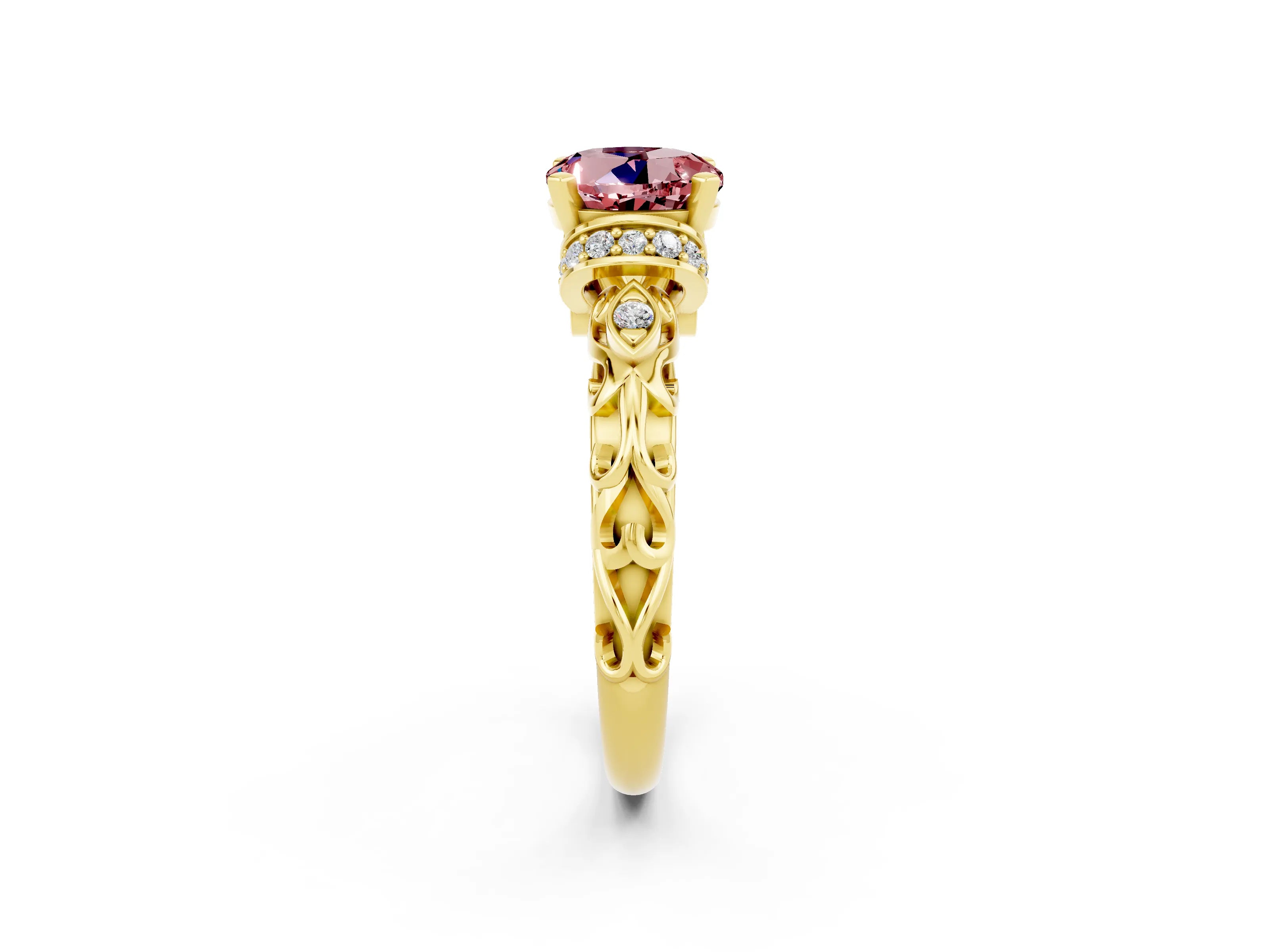 Yellow gold Round Cut Morganite Solitaire Ring with Filigree Band and Four-Prong Setting_26