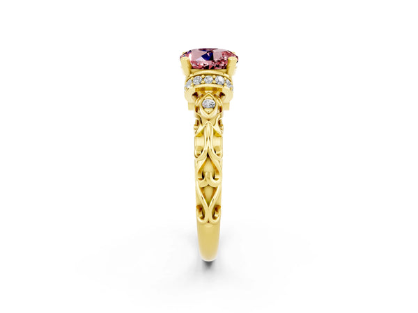 Yellow gold Round Cut Morganite Solitaire Ring with Filigree Band and Four-Prong Setting