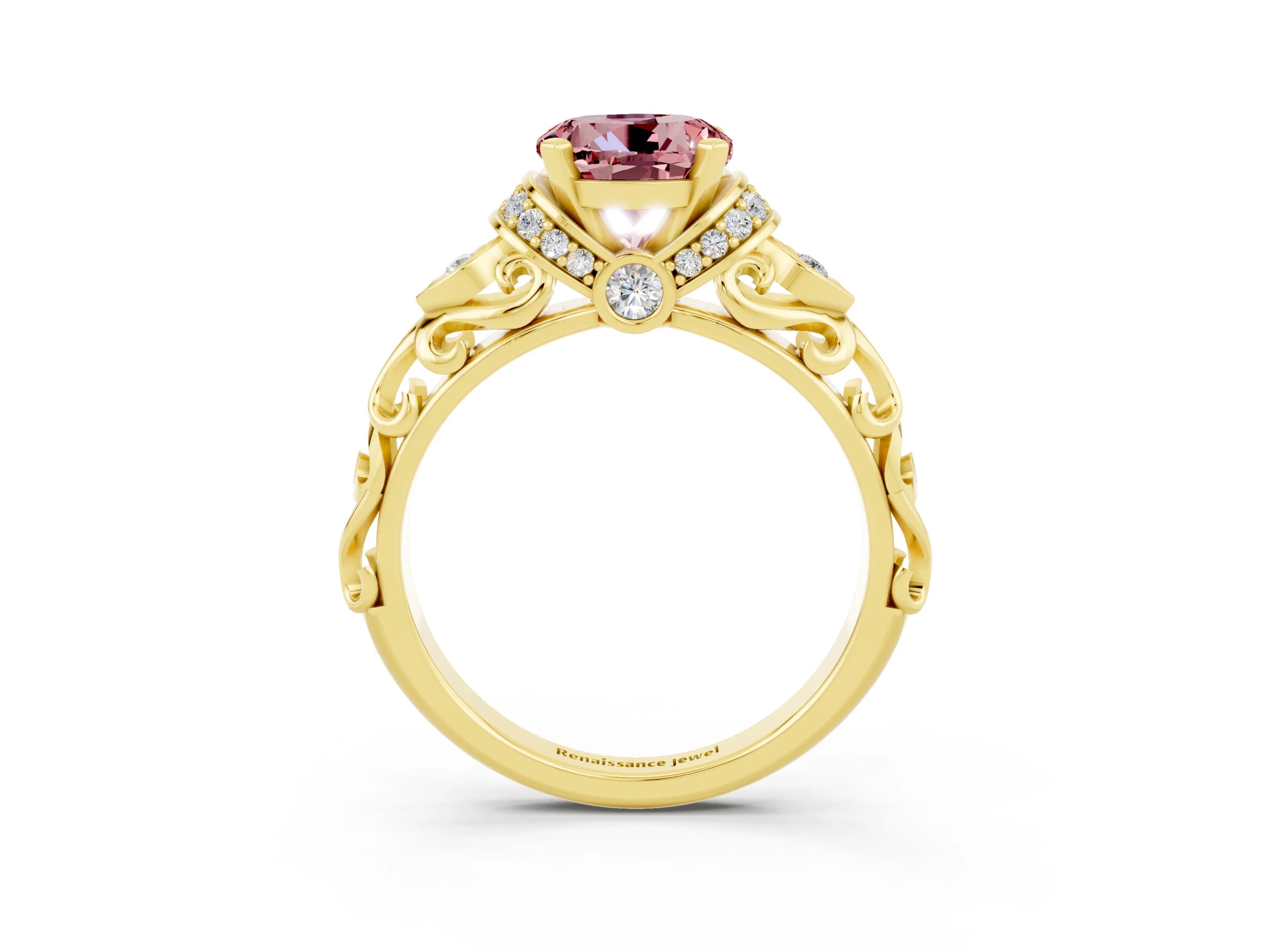 Yellow gold Round Cut Morganite Solitaire Ring with Filigree Band and Four-Prong Setting_27