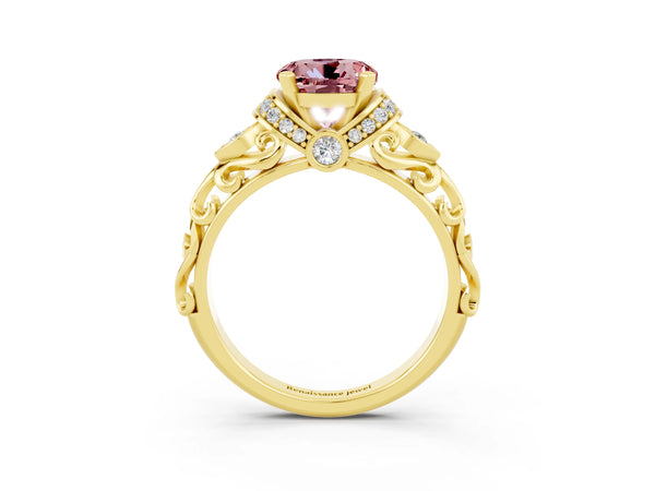 Yellow gold Round Cut Morganite Solitaire Ring with Filigree Band and Four-Prong Setting