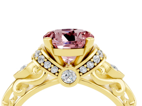 Yellow gold Round Cut Morganite Solitaire Ring with Filigree Band and Four-Prong Setting_28