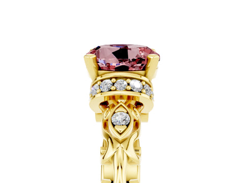 Yellow gold Round Cut Morganite Solitaire Ring with Filigree Band and Four-Prong Setting_29