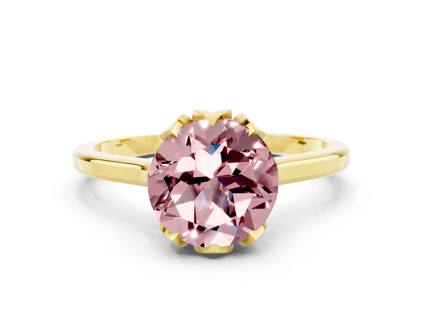 Yellow gold Round Cut Morganite Solitaire Ring with Flower Prong Setting and Classic Band