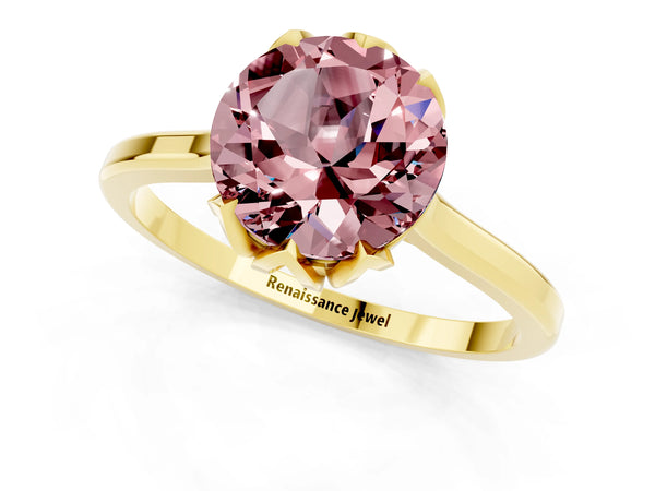 Yellow gold Round Cut Morganite Solitaire Ring with Flower Prong Setting and Classic Band