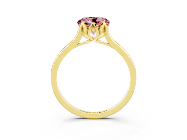 Yellow gold Round Cut Morganite Solitaire Ring with Flower Prong Setting and Classic Band