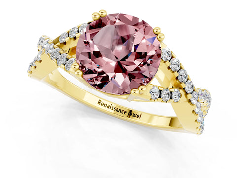 Yellow gold Round Cut Morganite Solitaire Ring with Four-Prong Setting and Twisted Pavé Band_1