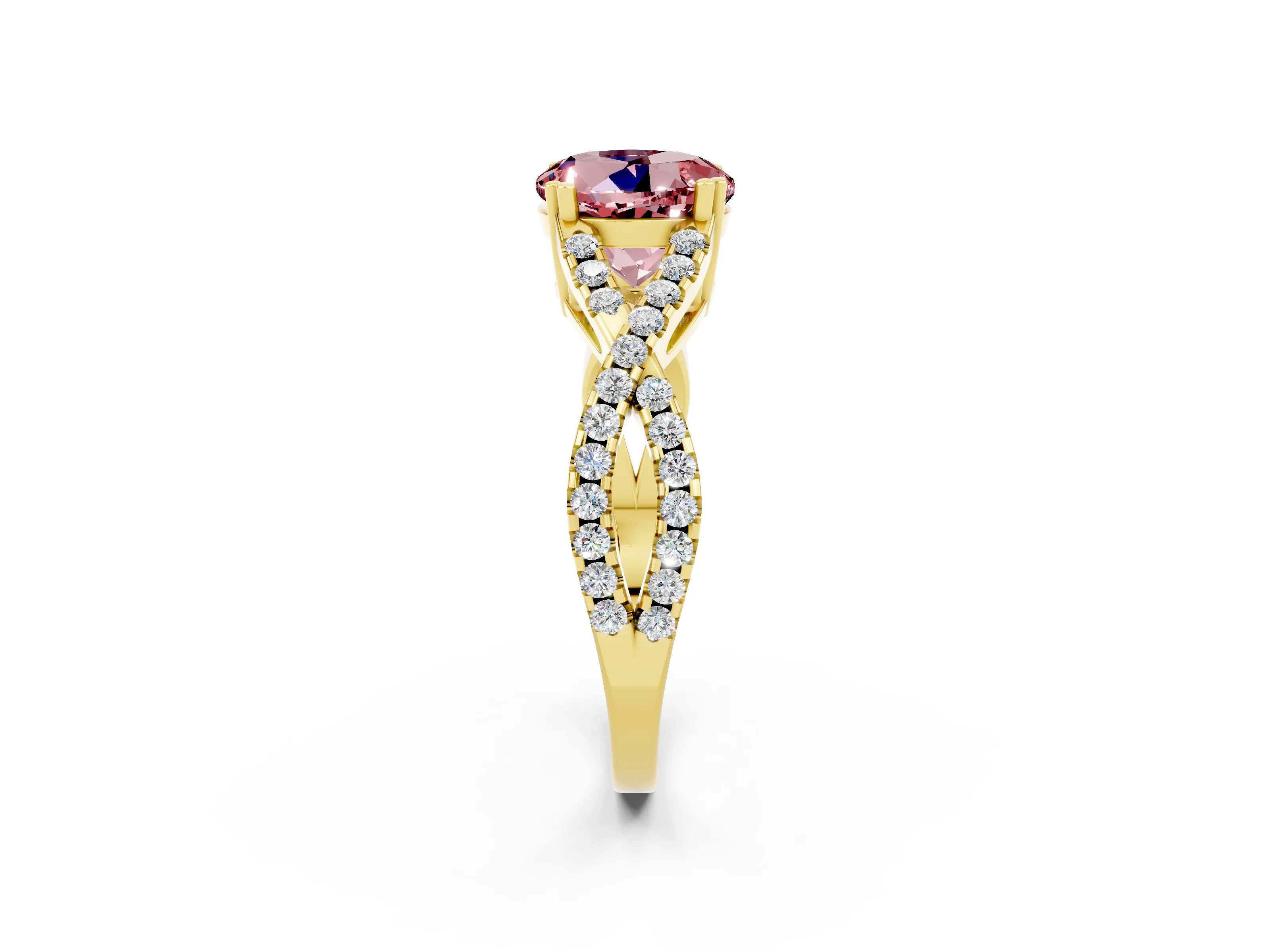 Yellow gold Round Cut Morganite Solitaire Ring with Four-Prong Setting and Twisted Pavé Band_2
