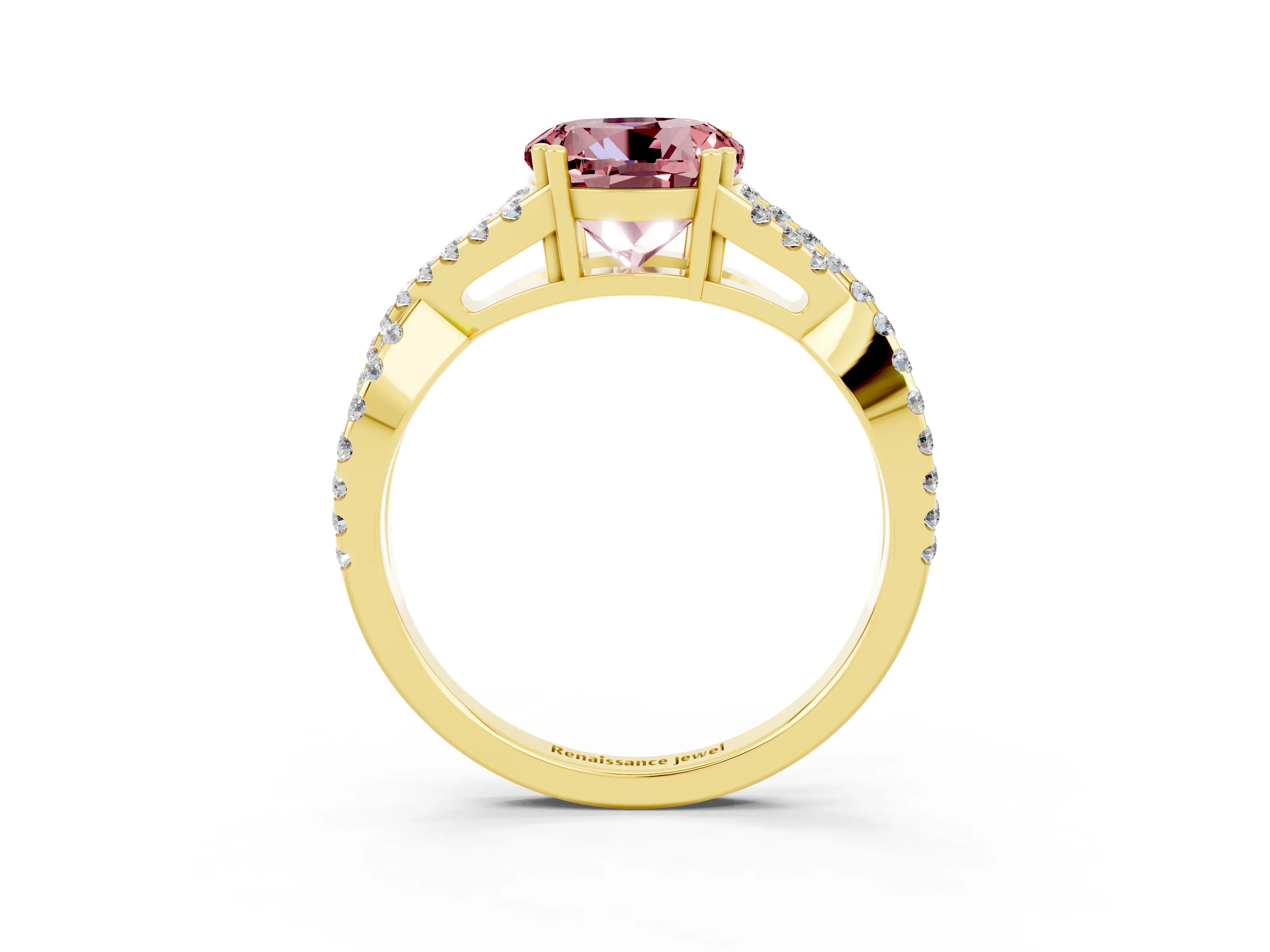 Yellow gold Round Cut Morganite Solitaire Ring with Four-Prong Setting and Twisted Pavé Band_3