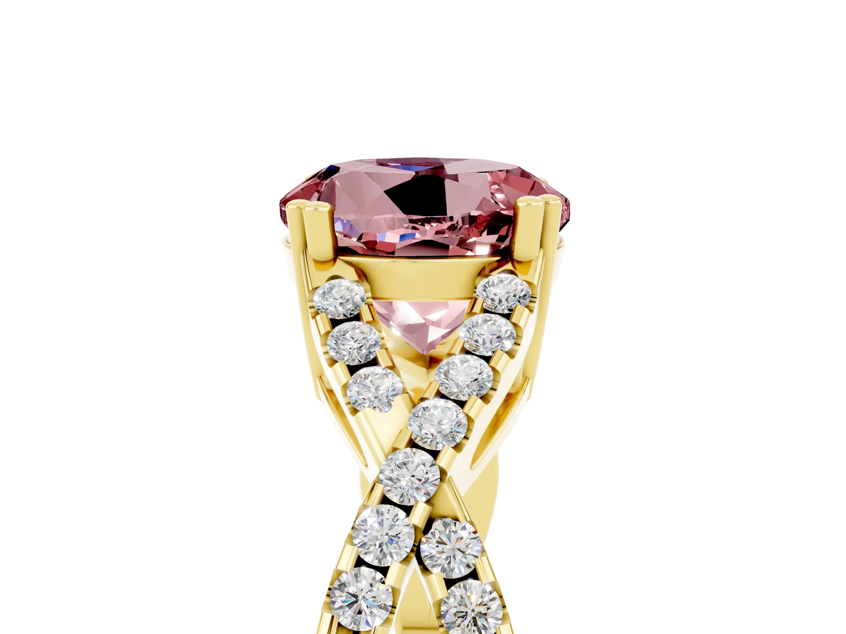 Yellow gold Round Cut Morganite Solitaire Ring with Four-Prong Setting and Twisted Pavé Band_5