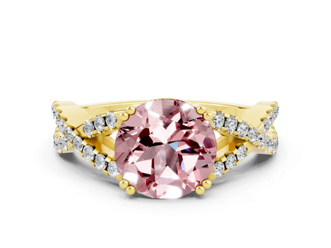 Yellow gold Round Cut Morganite Solitaire Ring with Four-Prong Setting and Twisted Pavé Band