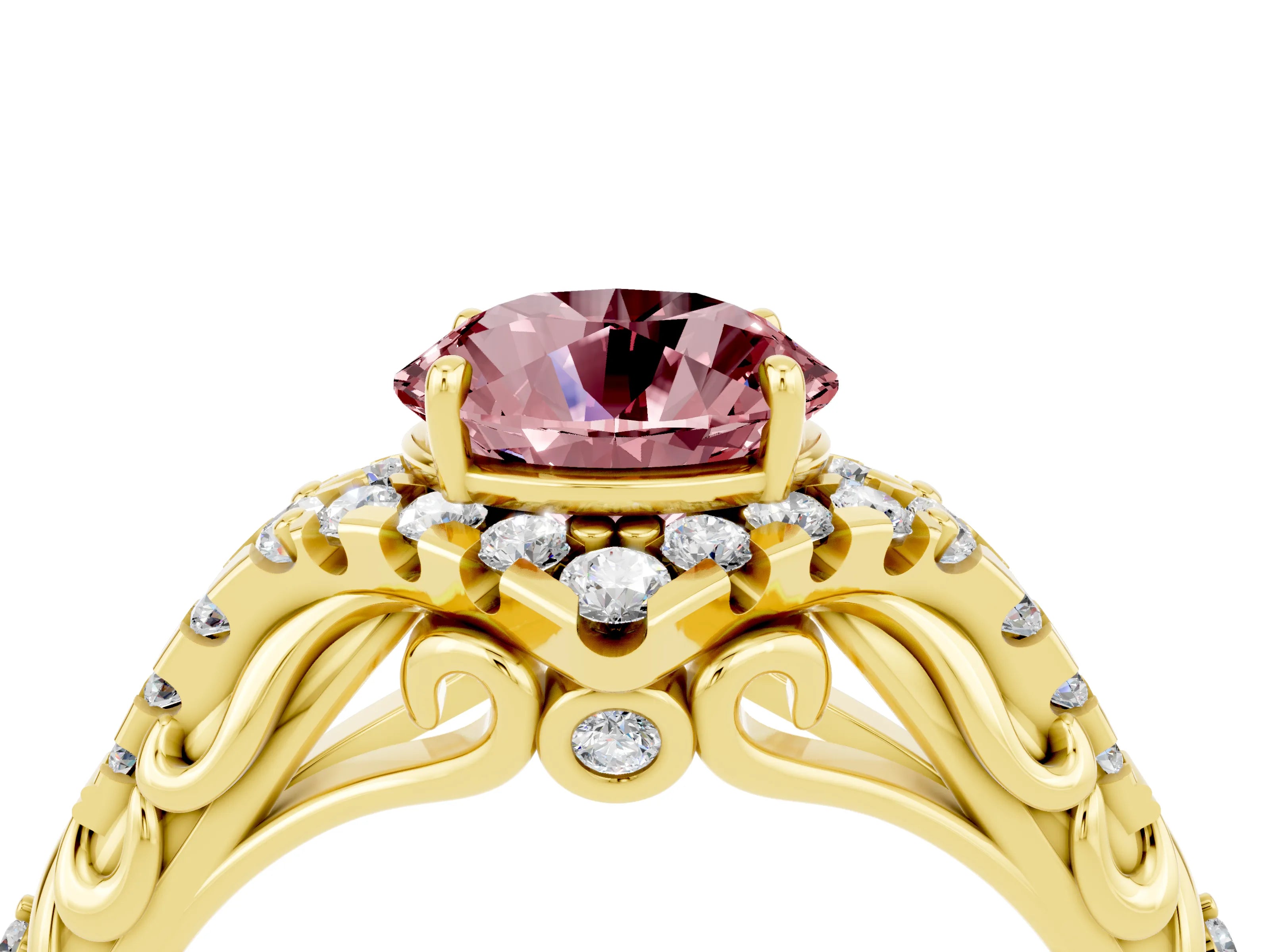 Yellow gold Round Cut Morganite Solitaire Ring with Hidden Halo and Pavé Band_16