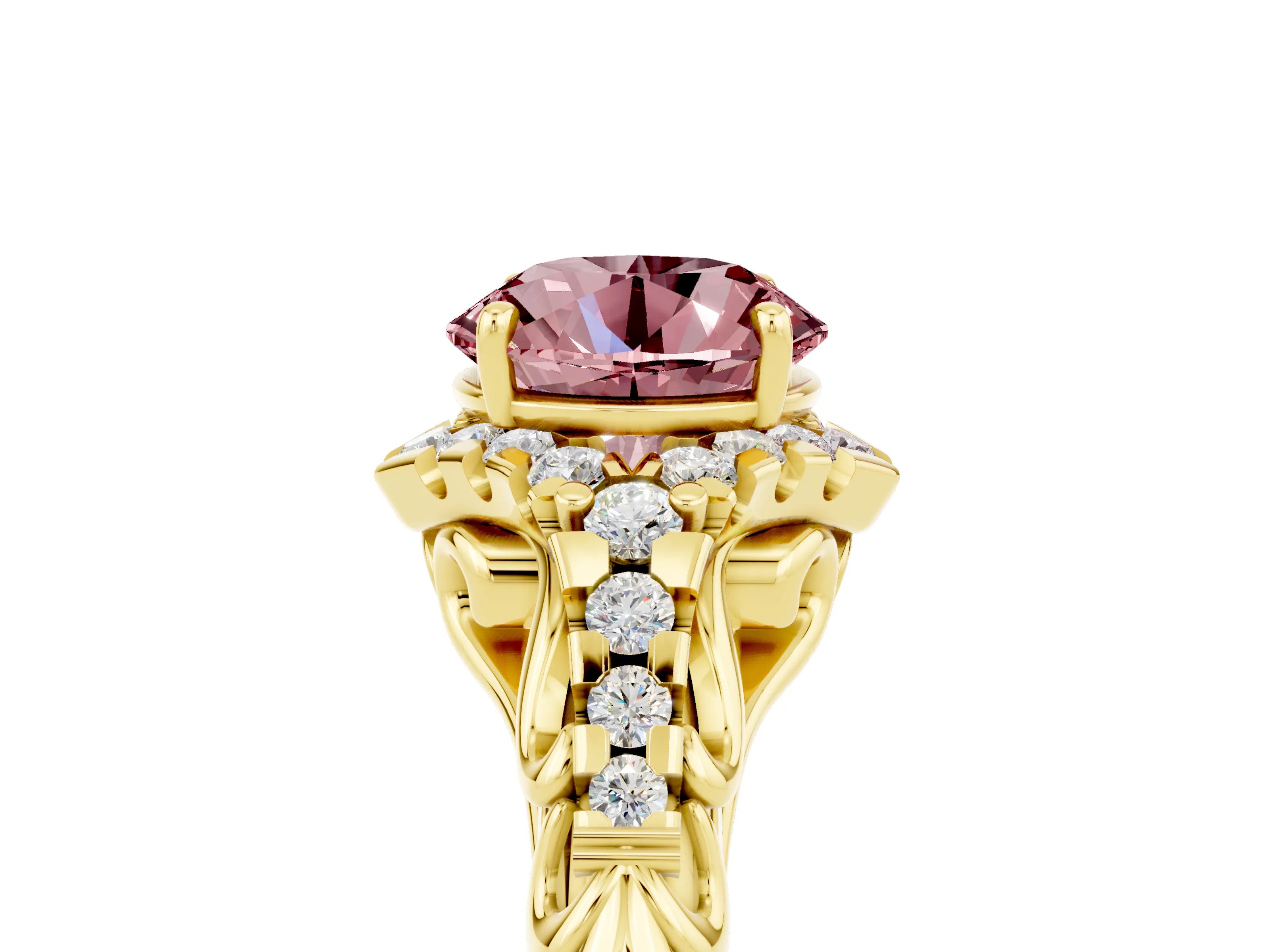 Yellow gold Round Cut Morganite Solitaire Ring with Hidden Halo and Pavé Band_17