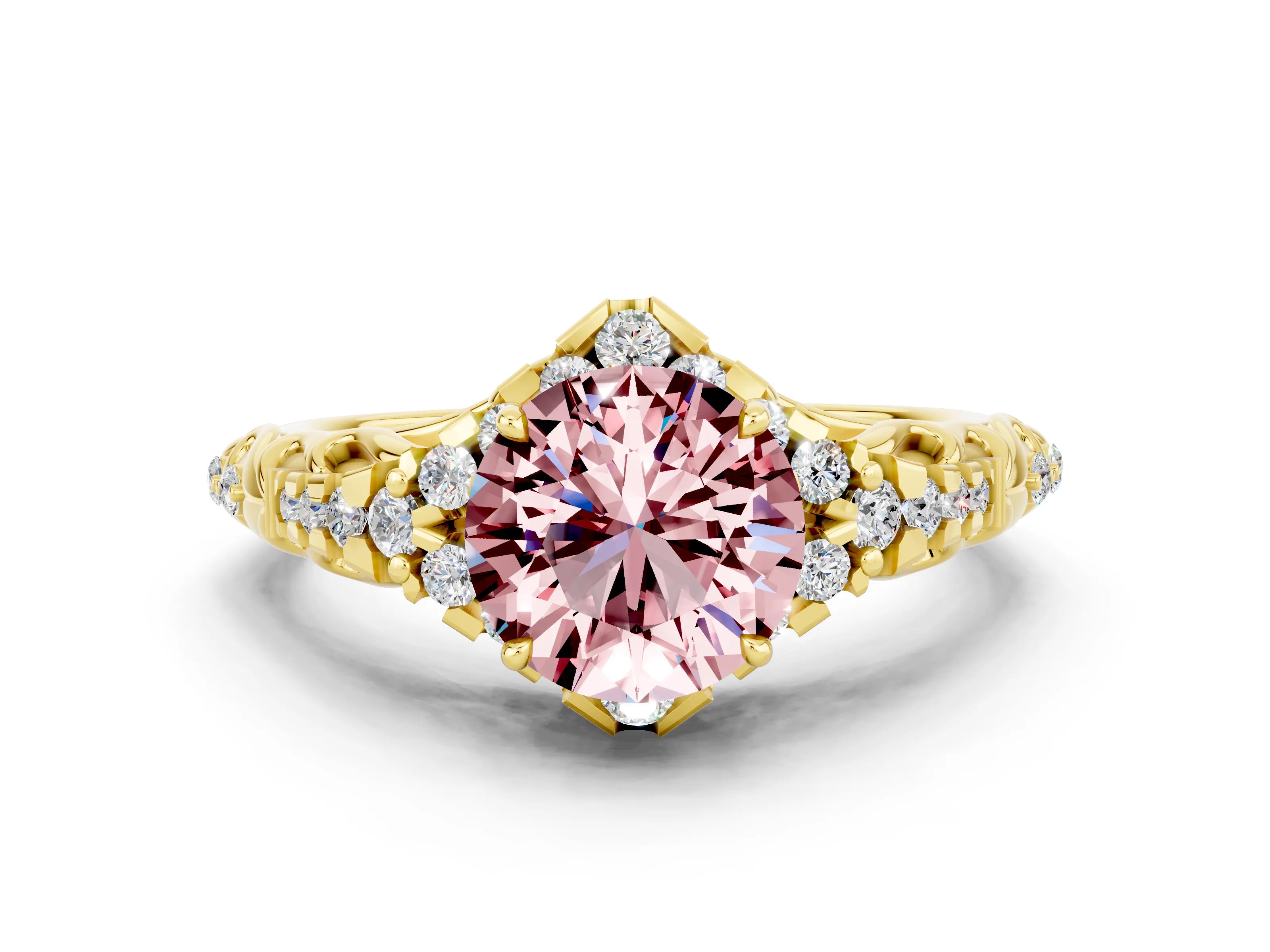 Yellow gold Round Cut Morganite Solitaire Ring with Hidden Halo and Pavé Band_21