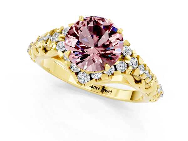 Yellow gold Round Cut Morganite Solitaire Ring with Hidden Halo and Pavé Band