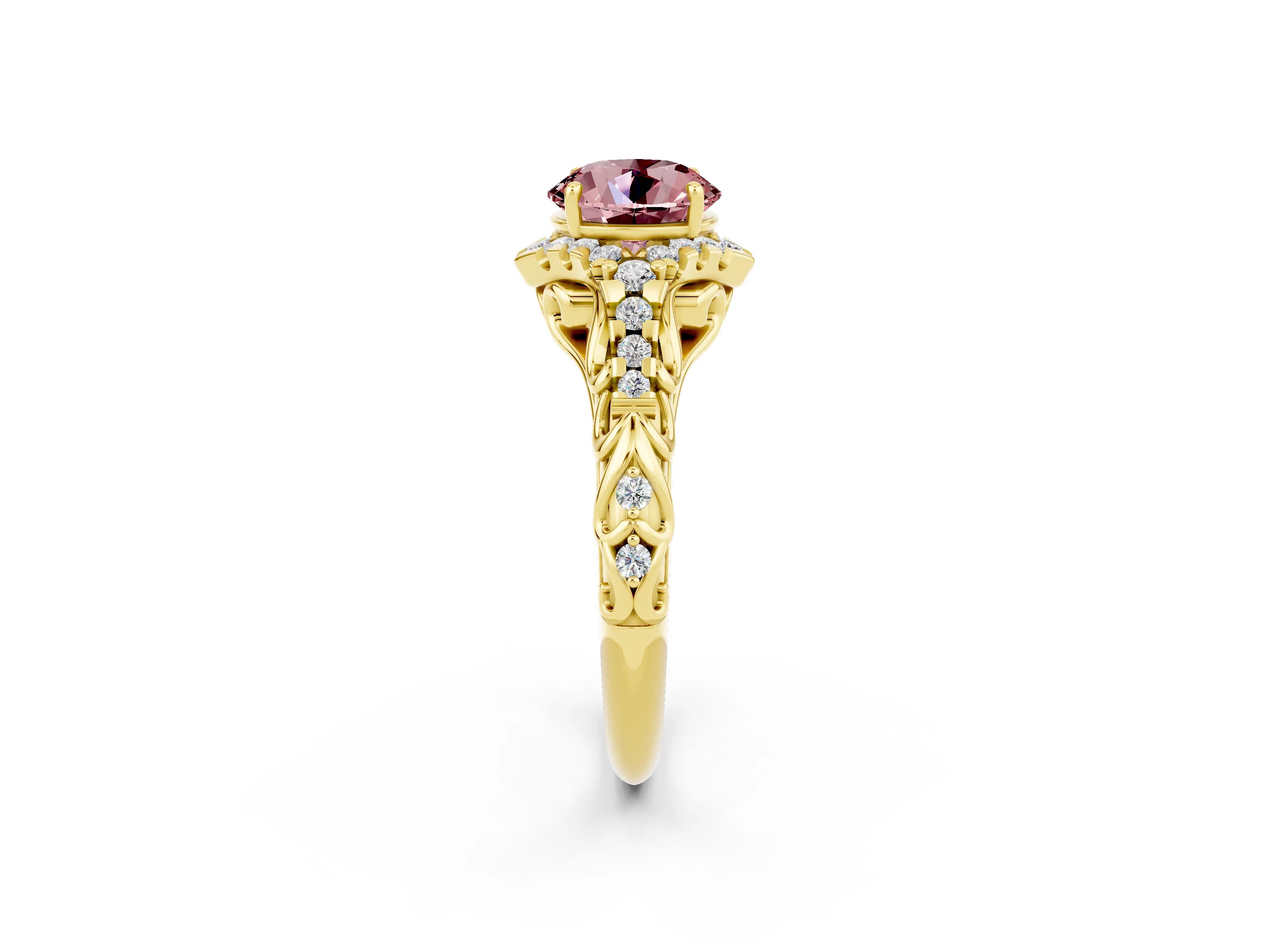 Yellow gold Round Cut Morganite Solitaire Ring with Hidden Halo and Pavé Band_23