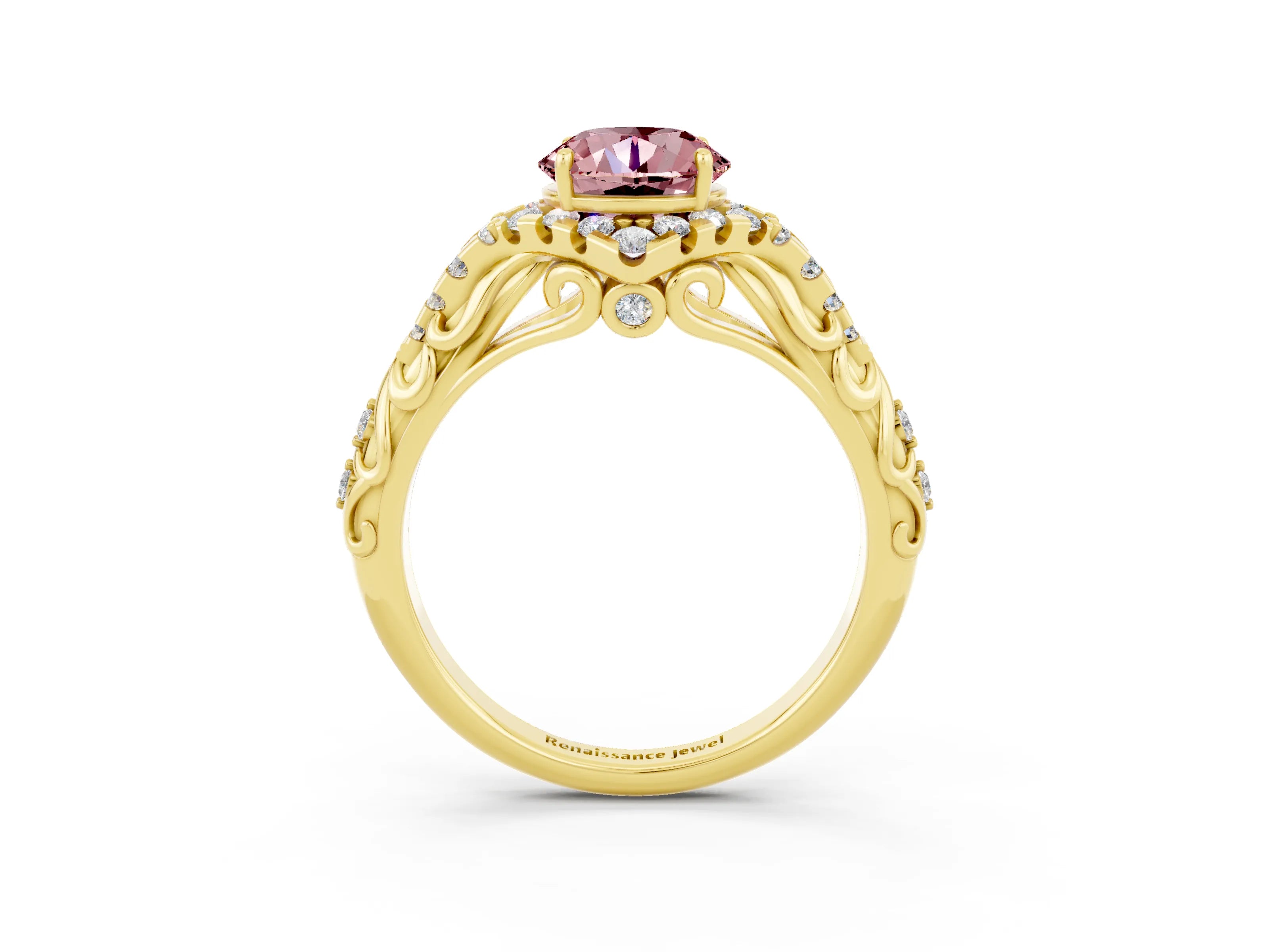 Yellow gold Round Cut Morganite Solitaire Ring with Hidden Halo and Pavé Band_24