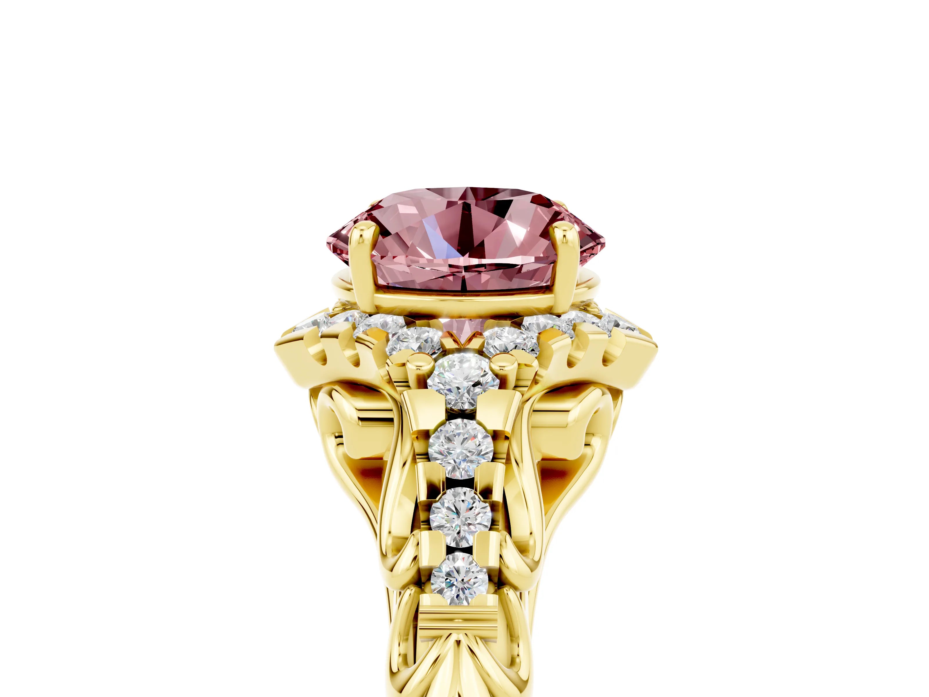Yellow gold Round Cut Morganite Solitaire Ring with Hidden Halo and Pavé Band_26