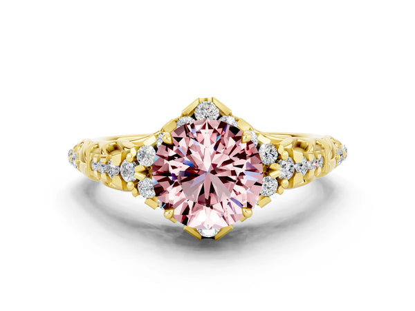 Yellow gold Round Cut Morganite Solitaire Ring with Hidden Halo and Pavé Band