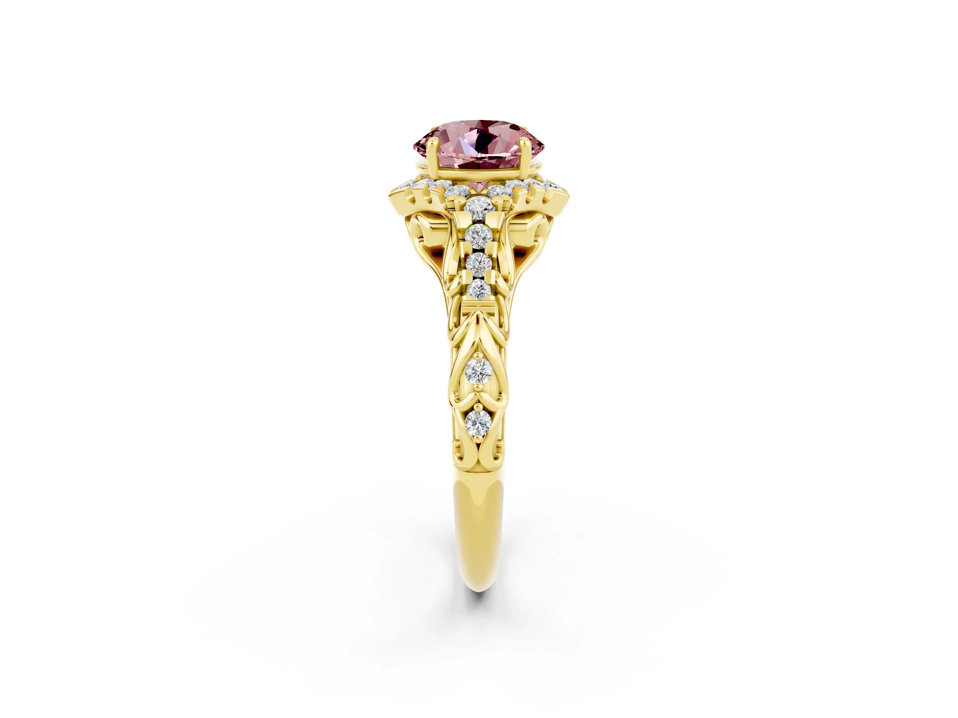 Yellow gold Round Cut Morganite Solitaire Ring with Hidden Halo and Pavé Band_37