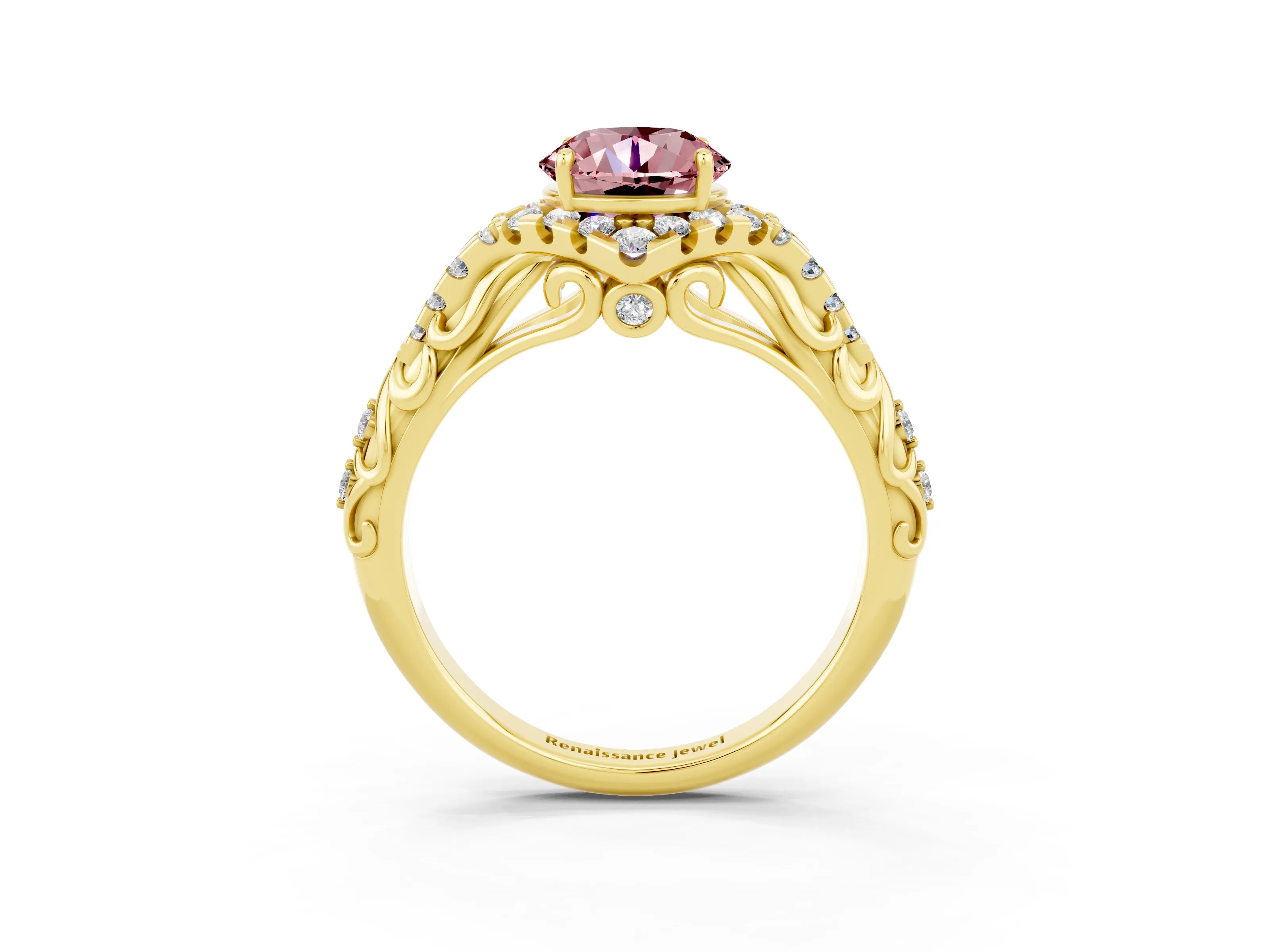Yellow gold Round Cut Morganite Solitaire Ring with Hidden Halo and Pavé Band_38