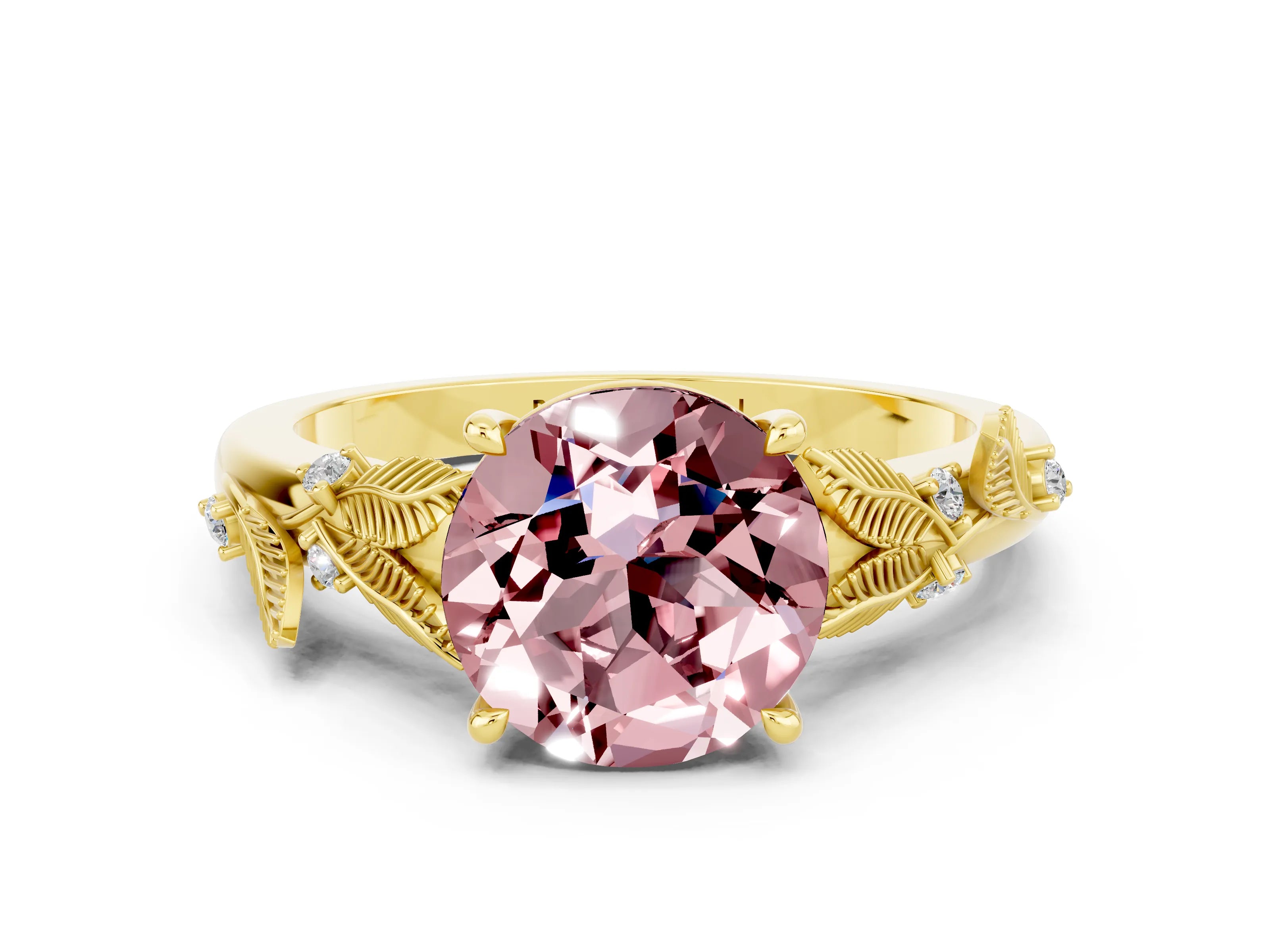 Yellow gold Round Cut Morganite Solitaire Ring with Leaf Motif Band and Four-Prong Setting