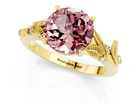 Yellow gold Round Cut Morganite Solitaire Ring with Leaf Motif Band and Four-Prong Setting_1