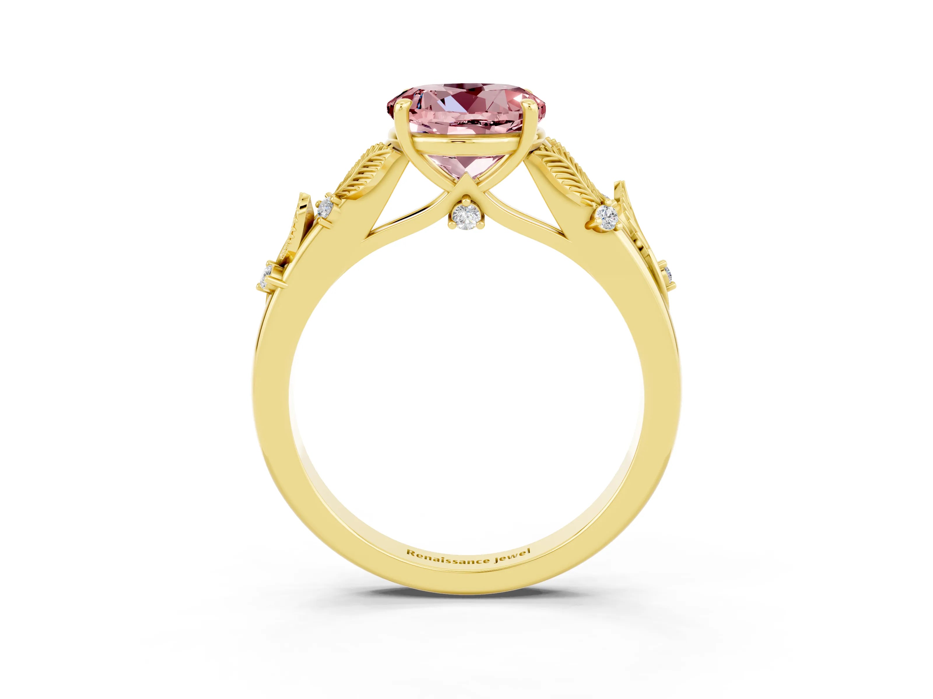 Yellow gold Round Cut Morganite Solitaire Ring with Leaf Motif Band and Four-Prong Setting_3