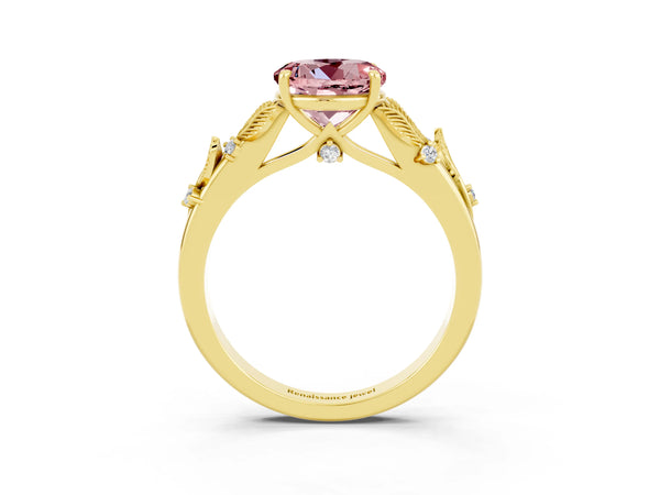Yellow gold Round Cut Morganite Solitaire Ring with Leaf Motif Band and Four-Prong Setting